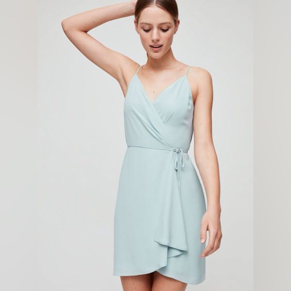 Babaton Wrap Front Short Sleeve Dress in Dusty Blue